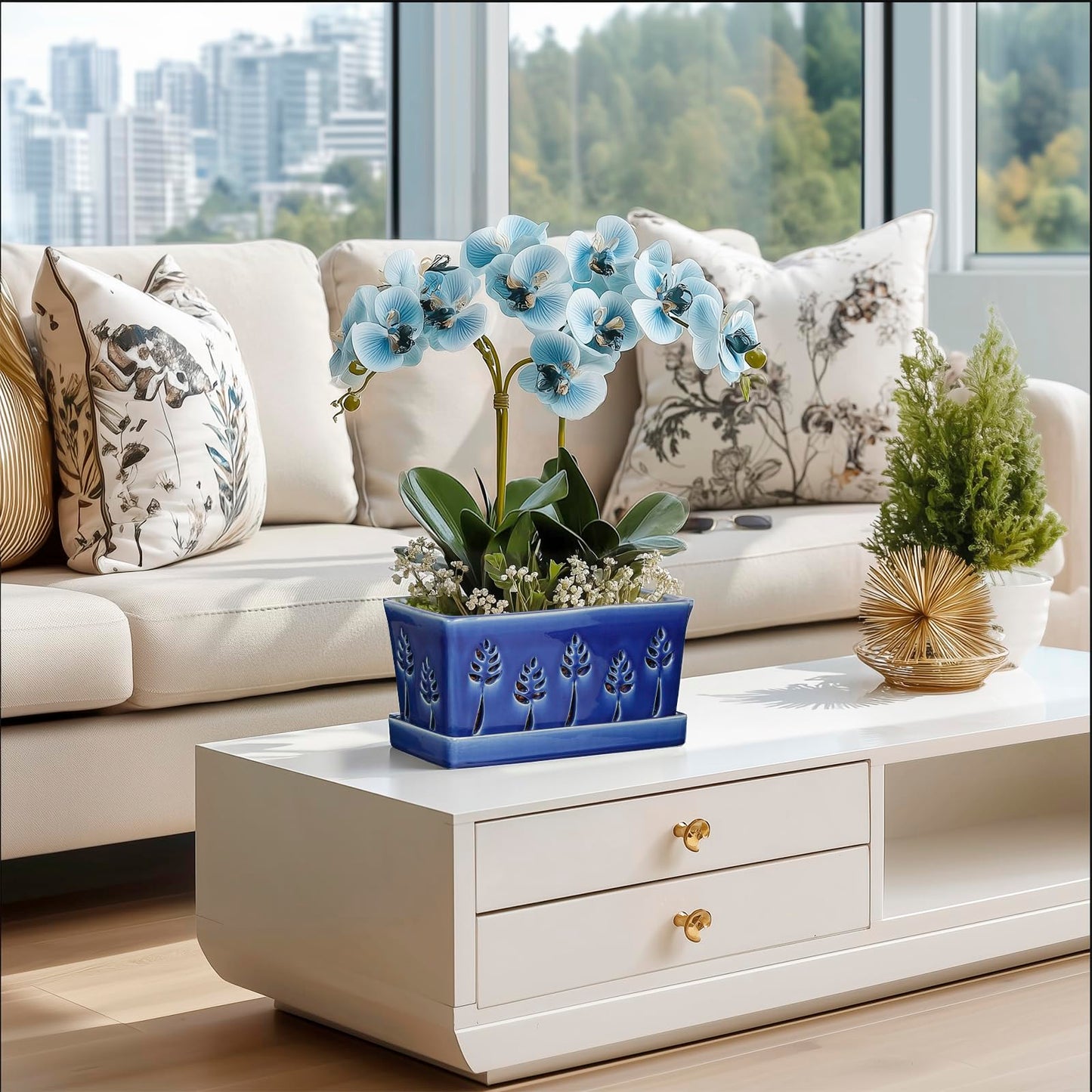 BUYMAX 10 Inch Rectangle Ceramic Orchid Pots with Holes, Heavy Duty Handmade Ceramic Plant Pot with Drainage and Saucer, Accommodate 2 Orchids, Enhance Good Ventilation - Blue