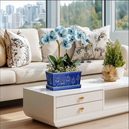BUYMAX 10 Inch Rectangle Ceramic Orchid Pots with Holes, Heavy Duty Handmade Ceramic Plant Pot with Drainage and Saucer, Accommodate 2 Orchids, Enhance Good Ventilation - Blue