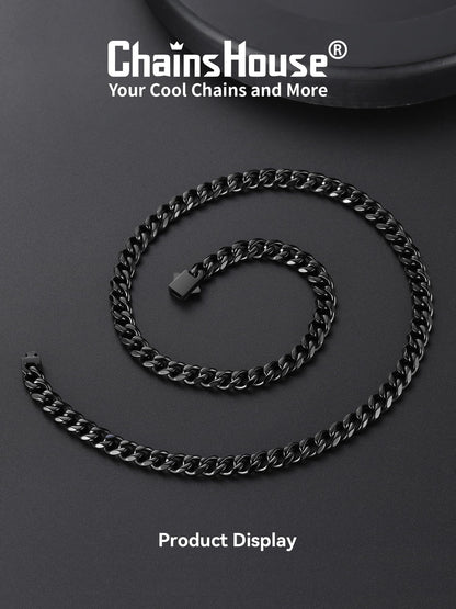 ChainsHouse Black Chain for Men Stainless Steel Cuban Link Chain Miami Necklace Hip Hop Metal Plated Women Jewelry