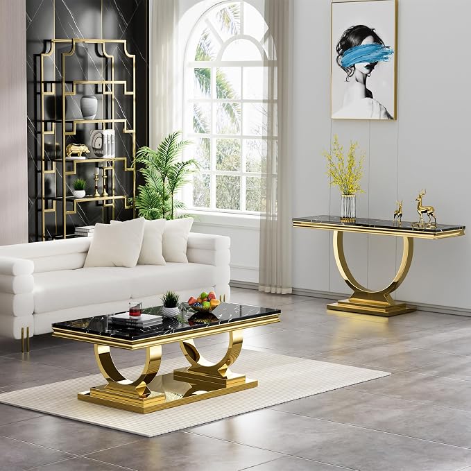 2 Piece Living Room Table Set Include 1 Faux Marble Coffee Table & 1 Console Table, Modern Black Gold Coffee Table Set of 2 with Double O Shape Stainless Steel Pedestal Base