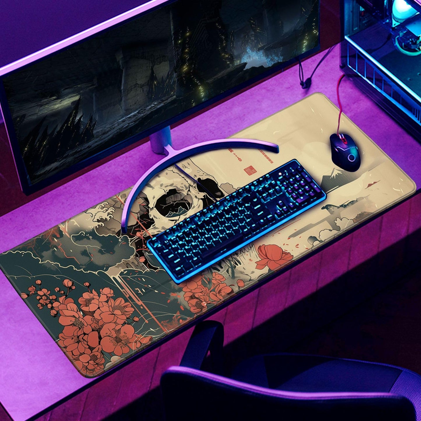 Skull Mouse Pad Japanese Ukiyo-e Mouse Pad XL Anime Big Mouse Pads for Desk Large Gaming for Men Desk Pad with Stitched Edges Non-Slip Large Computer Mat, 31.5x11.8 in