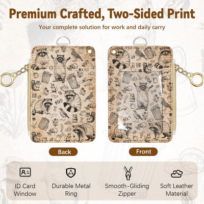 Leather Cute Badge Holder with Zipper Pocket, Raccoon Lanyards and 1 Zip Pocket and 4 Card Slots, Breakaway Lanyards with Metal Clasp for Offices, Staff, Adult, Employees