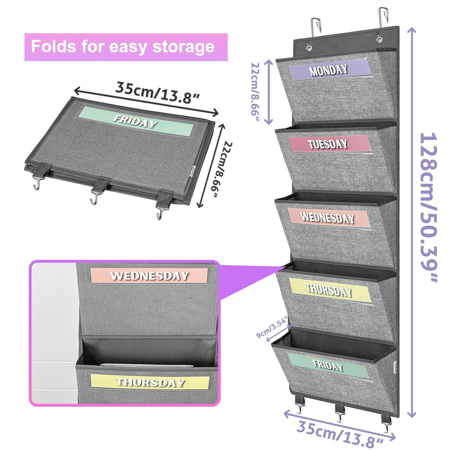 homyfort Over the Door hanging File Organizer, Weekly Hanging File Folders, Wall Organizers and Storage for Mail, Magazine, Notebooks, Office, Classroom, 5 Large Pockets, 50.39” Tall, Grey