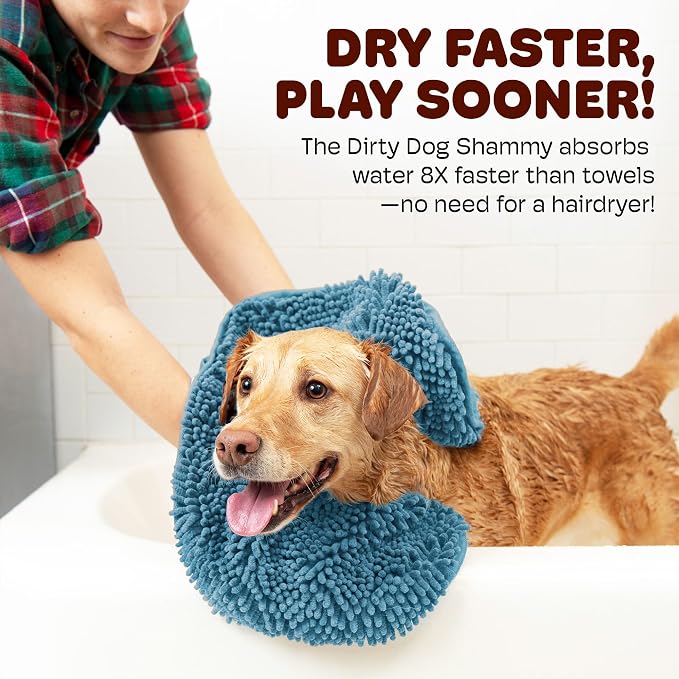Dog Gone Smart The Dirty Dog Shammy - Antimicrobial Microfiber Dog Towel for Odor Control, Fast-Drying Plush, Dual Hand Pockets & Elastic, Super Absorbent, Machine Washable, 31 x 13 in, Pacific Blue
