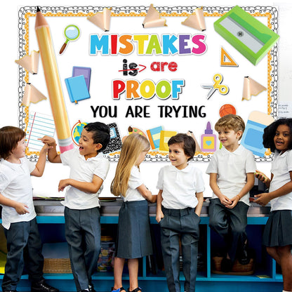 3D Back to School Bulletin Board Set Inspirational Classroom Decoration Educational Pencil Cutouts Mistakes are Proof You are Trying Bulletin Board for Teacher School Home Chalkboard Door Wall Decor