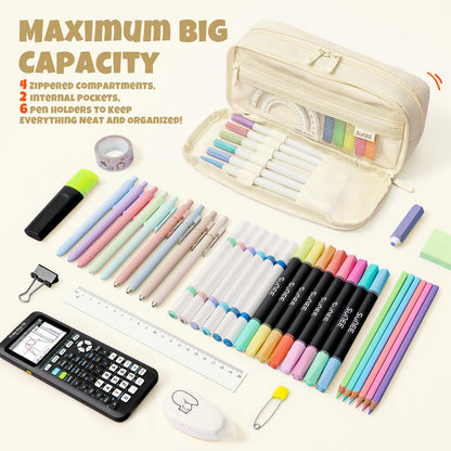 SUNEE Pencil Case, Large Capacity Pencil Pouch, Aesthetic Big Pen Bag 900D Oxford Pen Box for Office Stationery Organizer School Supplies Multifunctional for Teen Boys Girls Women Men, Beige