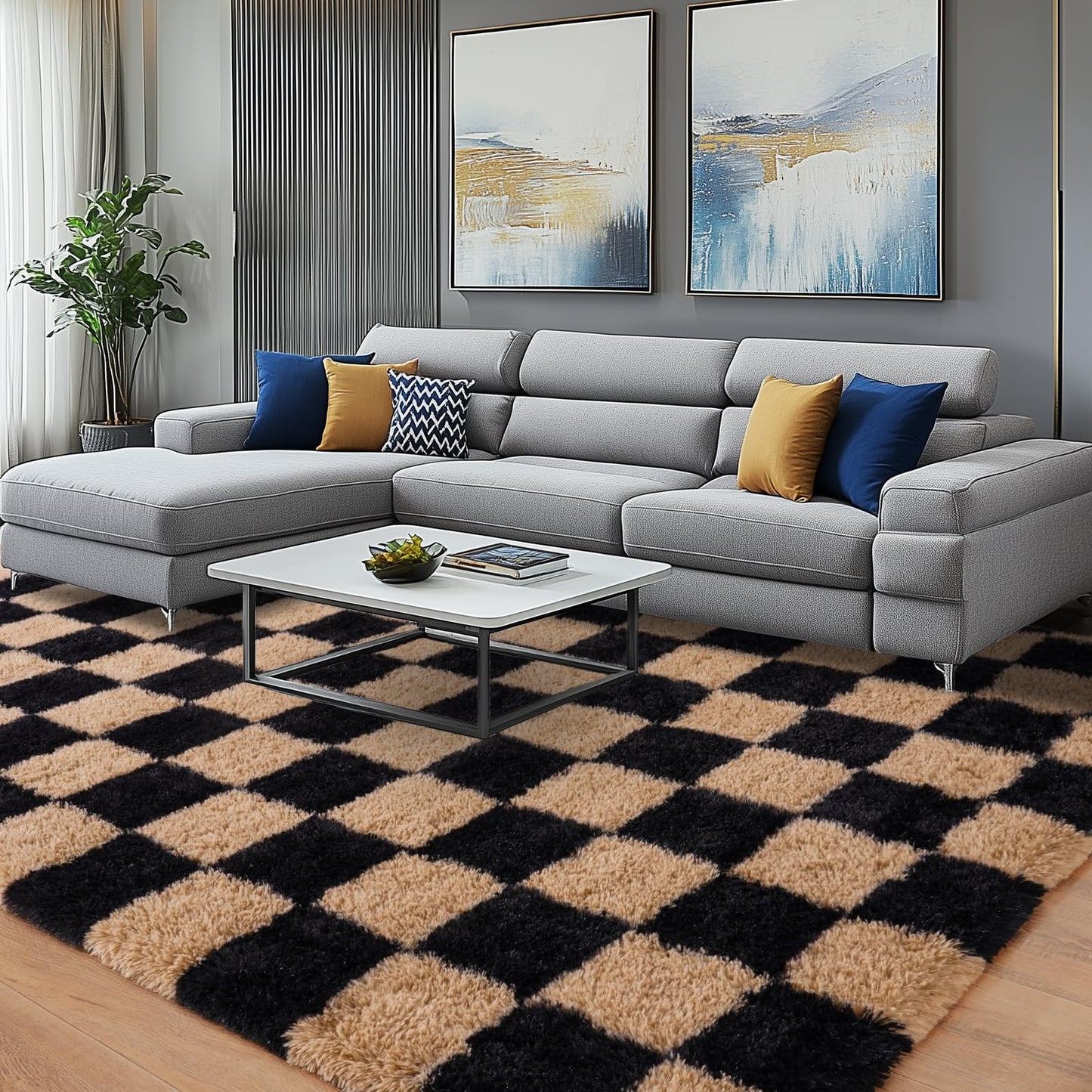 PIPABOBO Checkered Rug 4x6 for Bedroom, Fluffy Plush Area Rug Non Slip, Modern Indoor Shag Rugs for Living Room Girls Kids Room Nursery Dorm Home Decor, Black and Beige