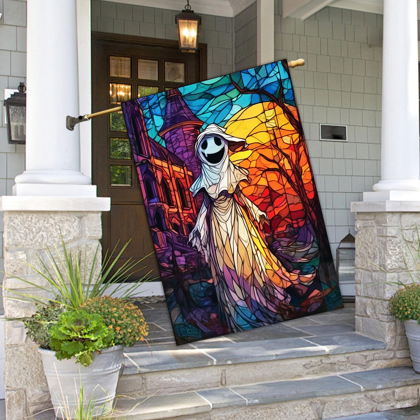 BlissYard Spooky Ghost Halloween House Flag 28 x 40 Inch Double Sided Stained Glass Church Sunset Fall Garden Flag Banner Background for Autumn Porch Yard Outdoor Decor Holiday House Flags