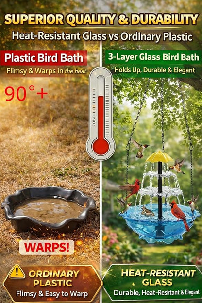 Solar Cascade Hanging Bird Bath Fountain, 2026 New Outdoor Hanging Bird Bath with Solar Fountain, Large Humming Birds Baths Fountains, with Solars Pump & Glass Bowl, for Outdoor, Gardens (#7)