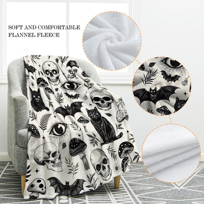 Jekeno Gothic Skull Blanket Cat Bat Mushroom Gifts for Women Men Kids Girls Boys Mom Wife Husband Dad Halloween Birthday Christmas Skeleton Horror Dark Presents Home Bedroom Room Decor Throw 50"x60"