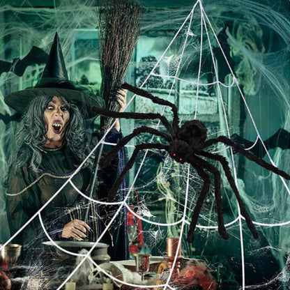PUHPIG 200" Halloween Spider Web + 59" Giant Spider Decorations, Triangular Huge Spiders Web and Hairy Scary Fake Spider, for Indoor Outdoor Porch Yard, Scary Haunted House Party, and Halloween Décor