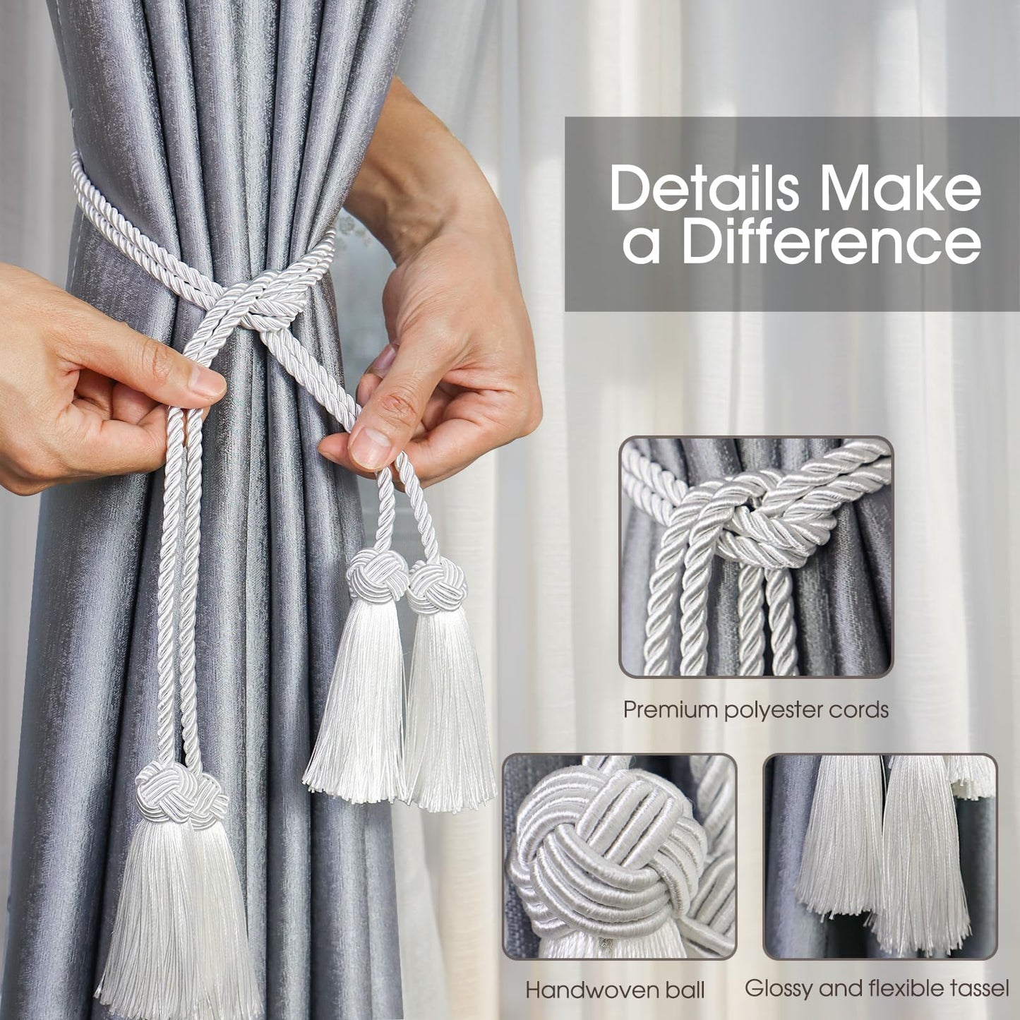 4 Pack Curtain Tassel Tiebacks, Curtains Tie Back Rope with Tassels, Handmade Decorative Curtain Holdbacks for Window Drapes - Black