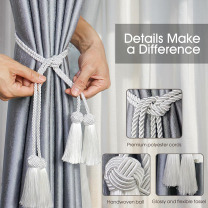 4 Pack Curtain Tassel Tiebacks, Curtains Tie Back Rope with Tassels, Handmade Decorative Curtain Holdbacks for Window Drapes - Black