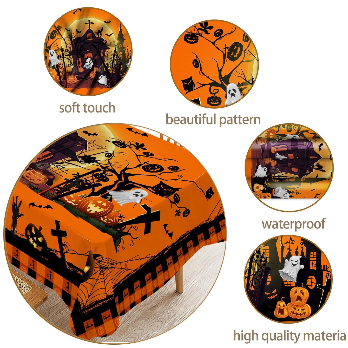 Hexagram Halloween Tablecloth Rectangle 60 x 84 inches, Ghost Pumpkin Plaid Table Cloth, Halloween Decor, Black Castle Tablecloth, Washable Orange Table Cloth for Party Picnic Dinner Decor