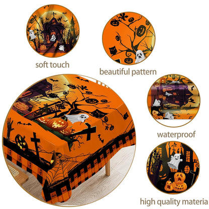 Hexagram Halloween Tablecloth Rectangle 60 x 84 inches, Ghost Pumpkin Plaid Table Cloth, Halloween Decor, Black Castle Tablecloth, Washable Orange Table Cloth for Party Picnic Dinner Decor
