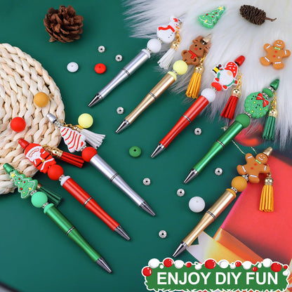CZWZ 8 Pcs Christmas Beadable Pens, Plastic Beadable Pens with Multicolor Silicone Beads, Christmas Snowman Pine Tree Floral Hoop Deer Pens for Christmas Office School Supplies