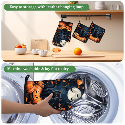 Halloween Black Cat Moon Pumpkin Oven Mitts and Pot Holders Set 4 Pcs Extra Long Heat Resistant Gloves Potholder for Baking, BBQ, Grilling