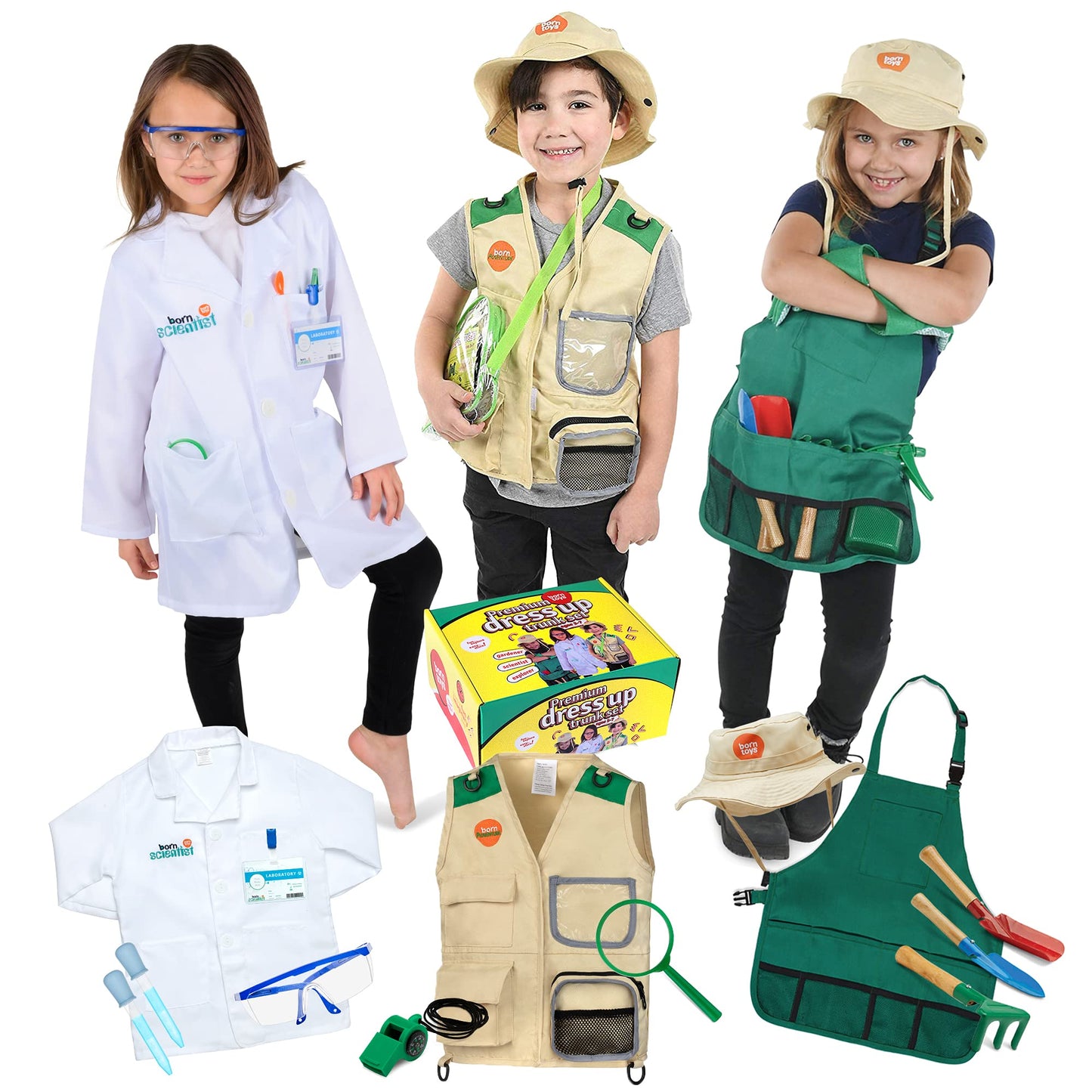 Born Toys 3-in-1 Toddler Dress Up Clothes for Boys & Girls Ages 3-7, Scientist, Gardener, Explorer or Safari Outfit, Pretend Play Outdoor Adventure Set, Washable Costumes for Kids, STEM Gift Ready Set