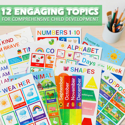 Educational Posters for Elementary Preschool Kindergarten Classroom Learning, Preschool Learning Posters for ABC Alphabet, Time, Number, Months,Colors, Weather, Animals, More, 16.5x11 Inch (12P Style B)