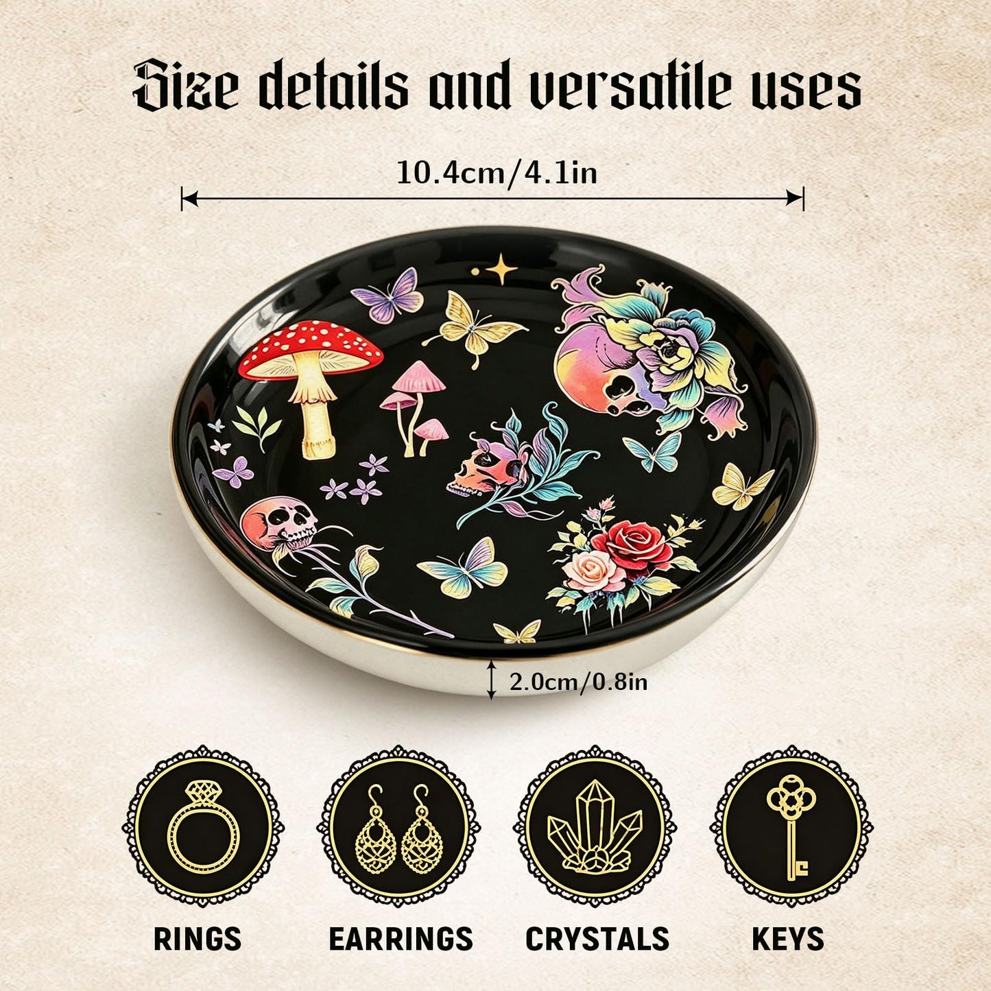 PEJXJML Gothic Ceramic Jewelry Tray Trinket Dish – Skull Mushroom Decorative Tray with Roses Butterflies, Dark Witchy Jewelry Dish for Rings Earrings Keys, Halloween Home Decor Gift, 4.1"