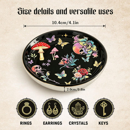 PEJXJML Gothic Ceramic Jewelry Tray Trinket Dish – Skull Mushroom Decorative Tray with Roses Butterflies, Dark Witchy Jewelry Dish for Rings Earrings Keys, Halloween Home Decor Gift, 4.1"