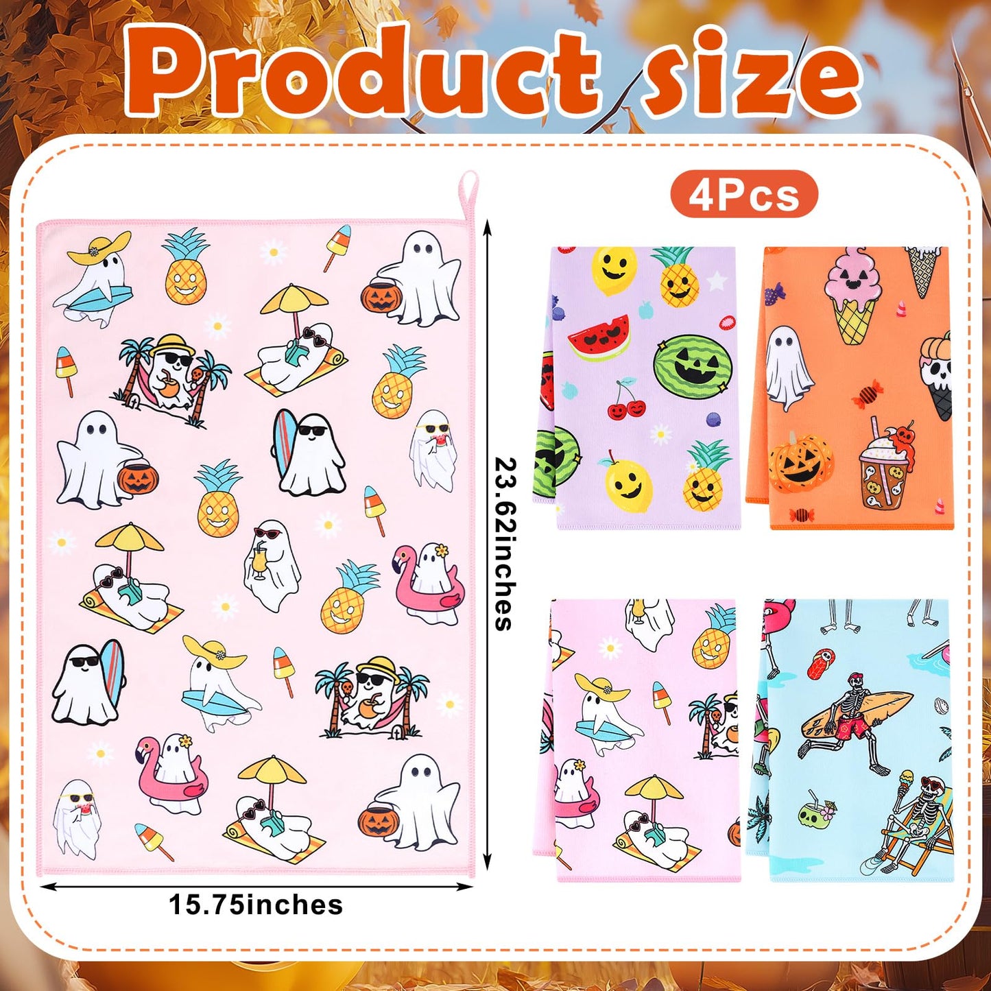Frienda 4 Pcs Summer Halloween Kitchen Towels Funny Skull Ghost Hand Towels Jack-o-Lantern Fruit Ice-Cream Boo Dish Washcloth for Summer Halloween Bathroom Kitchen Home Decoration Gifts