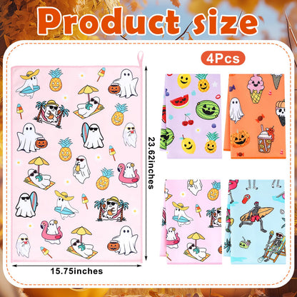 Frienda 4 Pcs Summer Halloween Kitchen Towels Funny Skull Ghost Hand Towels Jack-o-Lantern Fruit Ice-Cream Boo Dish Washcloth for Summer Halloween Bathroom Kitchen Home Decoration Gifts