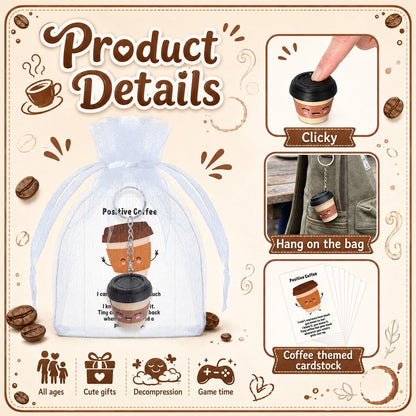 Junkin 24 Set Coffee Cup 3D Printed Clicker Fidget with Cards- Stress Relief Key Rings Luggage Backpack Charm Coffee Lover Gifts for Women, Coworkers, Office, Graduation Party Favors