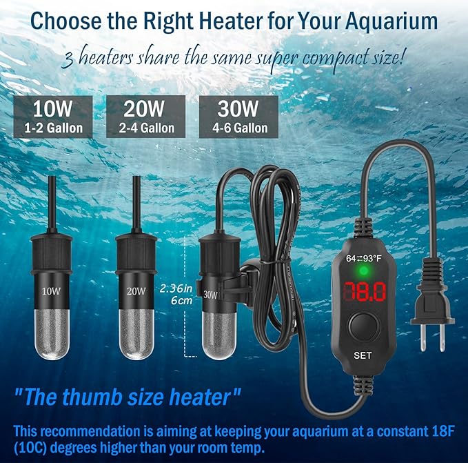 20W Mini Aquarium Heater for 2-4 Gallon Tanks | Submersible Fish Tank Heater with Digital Thermostat, Dry-Run & Overheat Protection, Memory Function