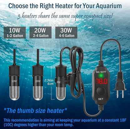 10W Mini Aquarium Heater for 1-2 Gallon Tanks | Submersible Fish Tank Heater with Digital Thermostat, Dry-Run & Overheat Protection, Memory Function