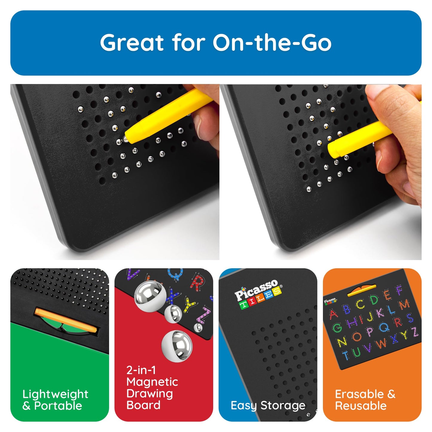 PicassoTiles 2in1 Magnetic Drawing Board Toy 12x10 In Large Magnet Bead Pad with Alphabet and Math Side in Black STEM Educational Writing Playboard Reusable Erasable Learning Tablet for Kids PTB02-BLK