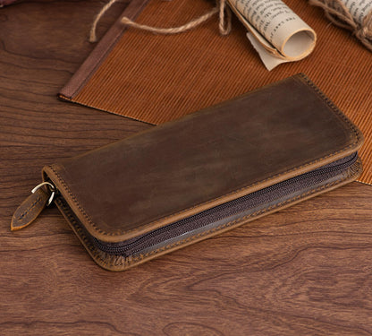 Asvine Fountain Pen Case 3 Divided Slots Crazy Horse Leather Pen Holder, Handmade Display Zippered Pouch for Rollerball Pen-Retro