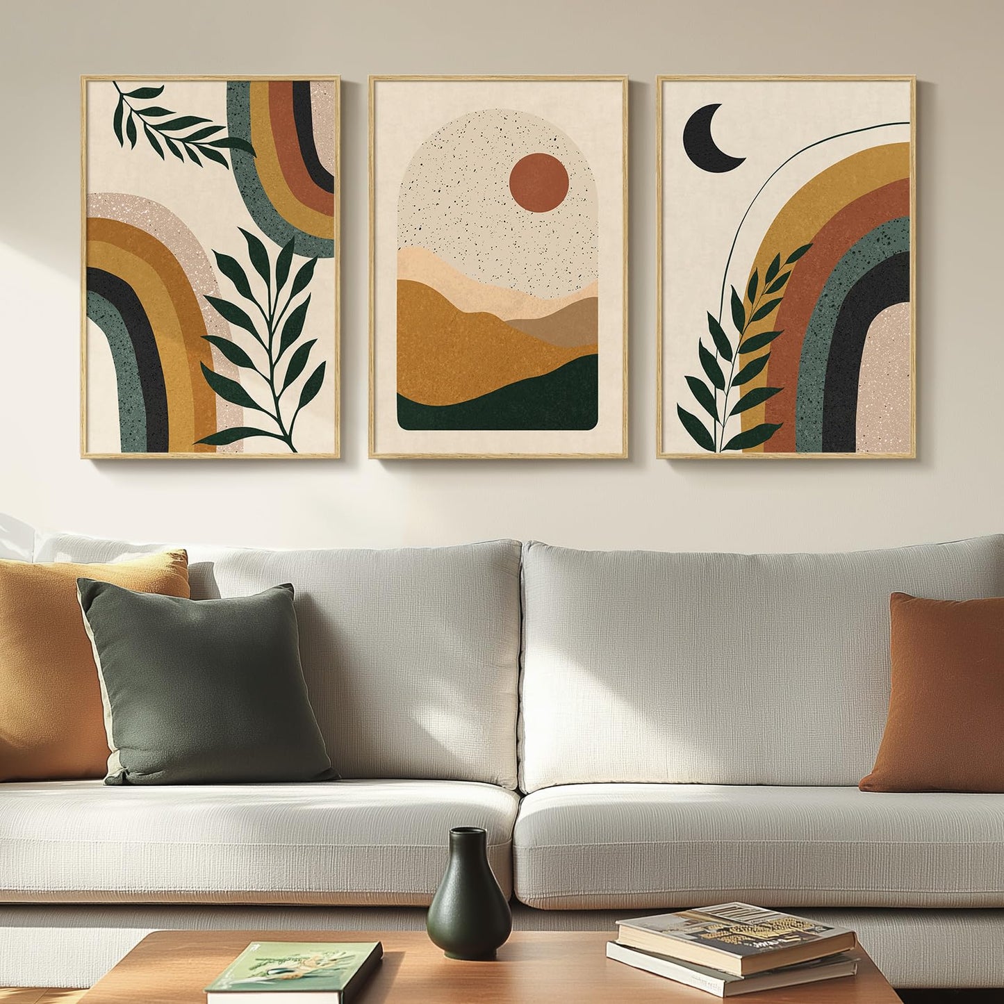 Framed Boho Sage Green Wall Art for Living Room, Large Mid Century Modern Tropical Leaf Canvas Artwork for Walls, 3 Piece Beige Orange Bohemian Wall Art Prints for Bedroom Kitchen Hallway, 16x24 Inch