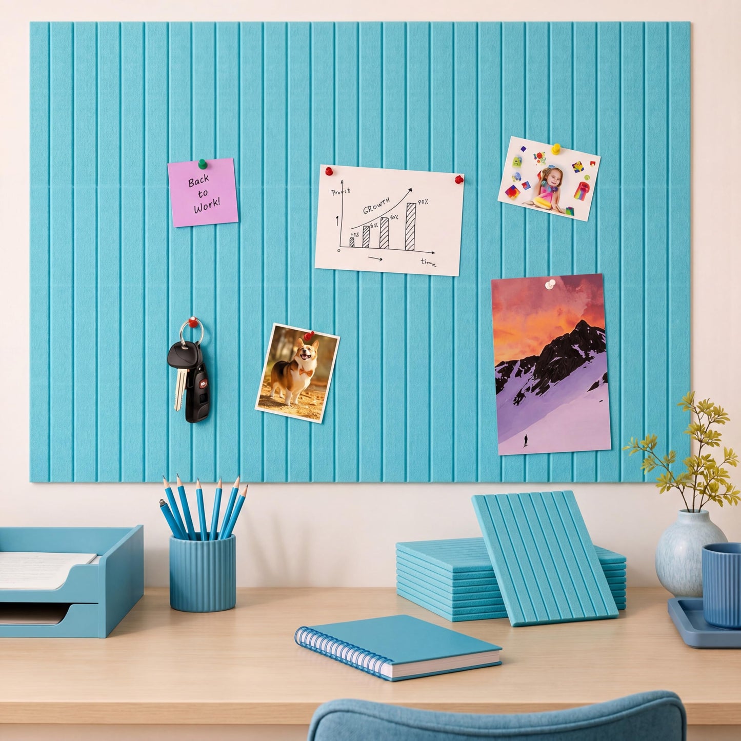 Honoson 12 Pack 48"x 36" Large Cork Board Alternative Felt Bulletin Board Wall Tiles with Safe Square Adhesive Roll Cork Tiles for Walls Home Office Classroom Back to School Pin Panels(Lake Blue)