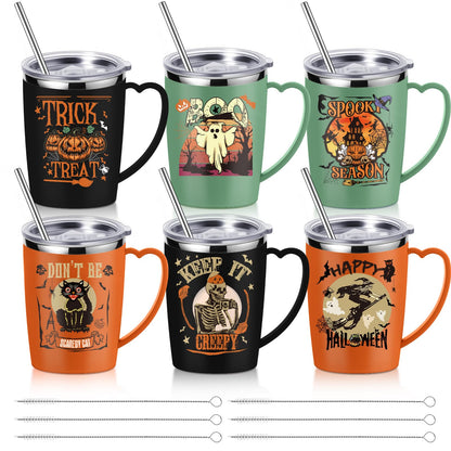 Kritkin 6 Pcs Halloween Coffee Mugs Cups 16 oz Halloween Stainless Steel Insulated Tumblers Bulk with Handle Lid Straw Brushes Spooky Ghost Face Monster Black Cat Mugs Trick or Treat Gifts