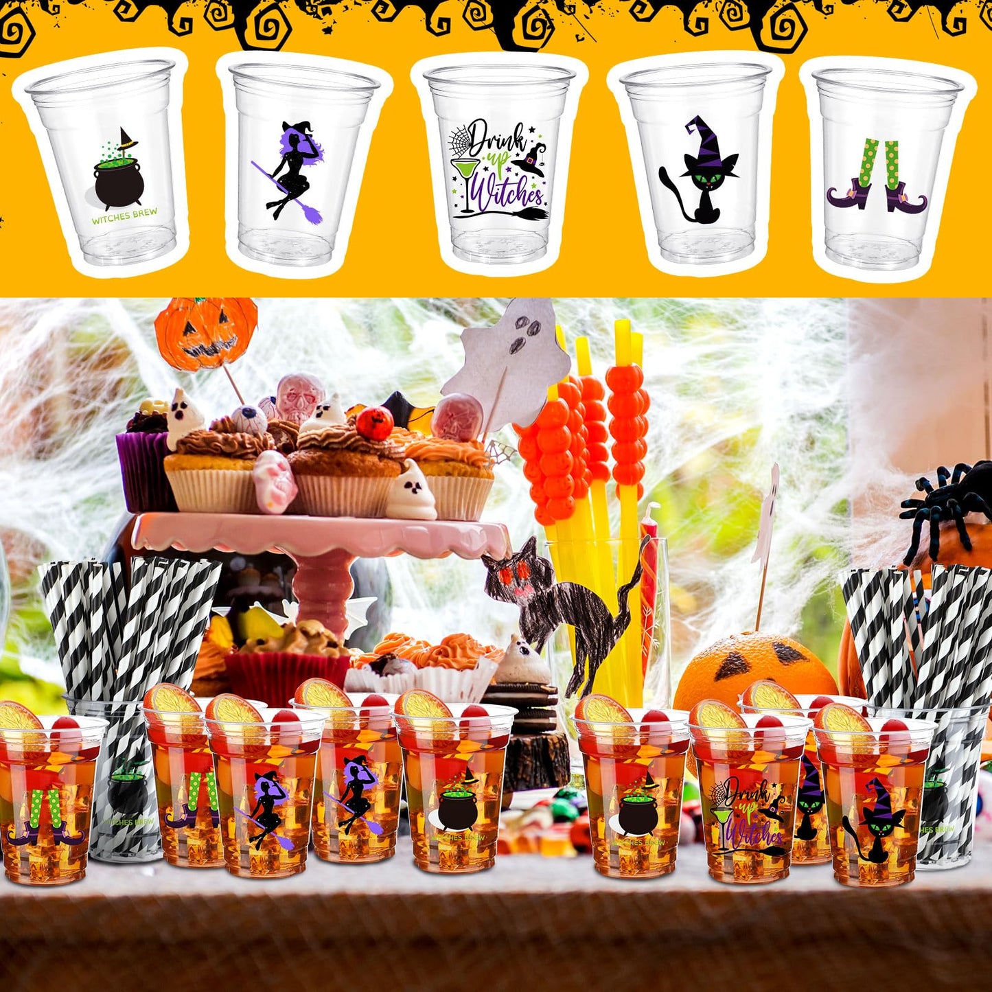 Bokon 100 Sets 12 oz Halloween Cups Witch Theme Clear Plastic Disposable Cups with Lids and Paper Straws Halloween Party Supplies for Party Coffee Beer Beverage Ice Cream Snack Candy