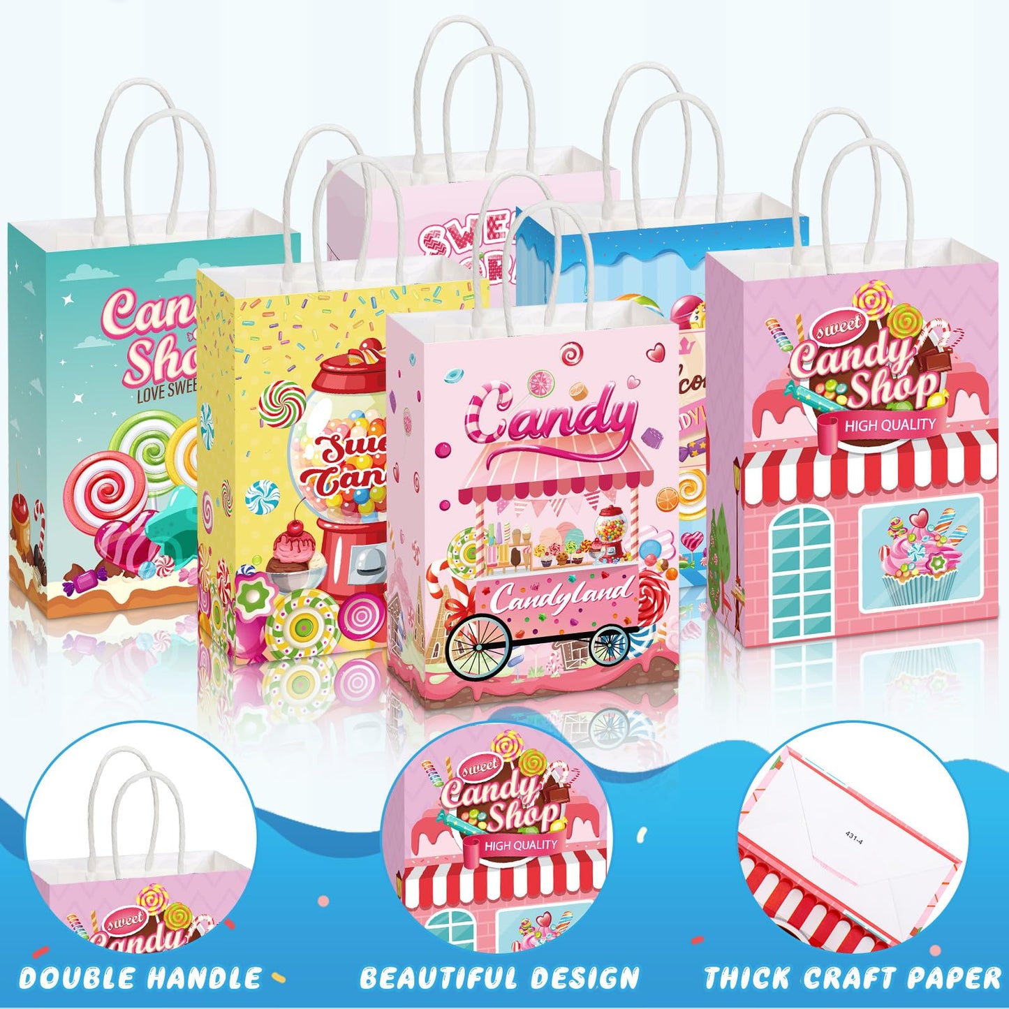 Sinload 48 Pcs Candy Sweet Goodie Bags with Handles Candy Land Gift Bags Lollipop Party Favors Sweet Shop Theme Paper Treat Boxes for Classroom Prizes Supplies Birthday Halloween Baby Shower Decor