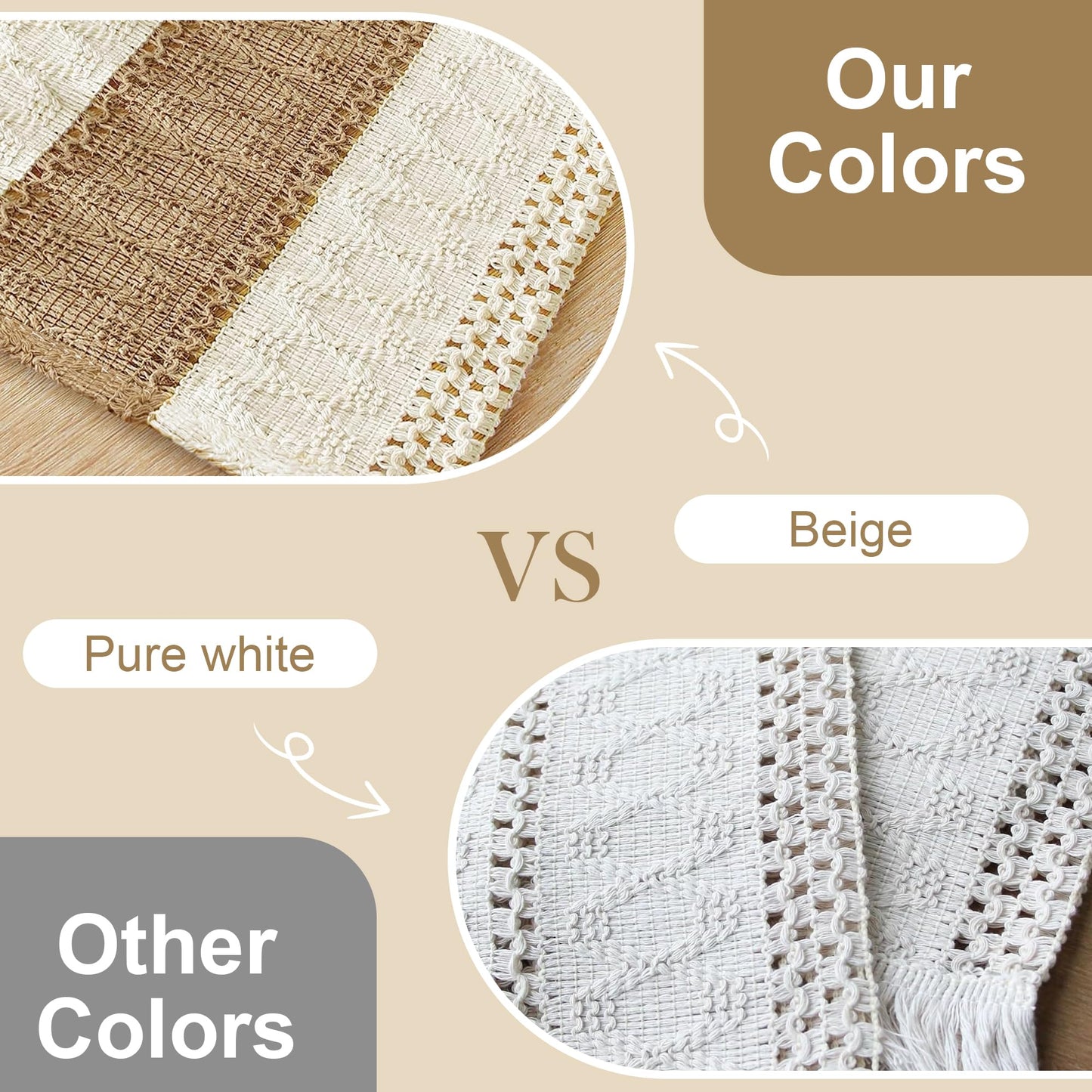 FEXIA Boho Placemats Set of 6, Macrame Table Decor Farmhouse Style Placemats in Natural Cotton Burlap, for Kitchen and Dining Table Centerpiece Home Decorations（Beige & Brown）