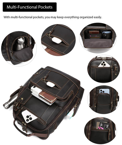 LANNSYNE Vintage Genuine Leather Backpack for men, 15.6" Laptop Backpack Travel Camping 24L Rucksack
