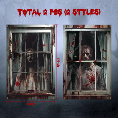 Newwiee 2 Pcs Scary Halloween Curtain Window Silhouette Cover Decoration Theme Poster for Indoor Outdoor Party Wall Door(Blood Ghost)