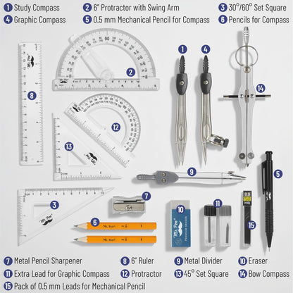 Mr. Pen Geometry Set with 6 Inch Swing Arm Protractor, Divider, Set Squares, Ruler, Compasses and Protractor, 15 Piece Set