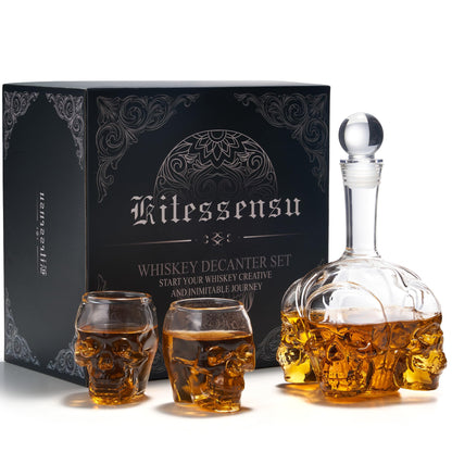 Gothic Skull Whiskey Decanter Set - 34 oz Spooky Skeleton Glass Decanter with 2 Rocks Glasses - Dark Academia Home Bar Decor & Man Cave - Cool Halloween Gifts for Men & Whisky Lovers