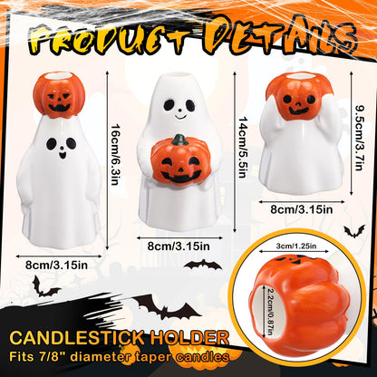 LemonRoad 6 Pcs Halloween Taper Candle Stick Holder Ceramic Ghost Holding Pumpkin Candlestick Holder Bulk Cute Halloween Decor Indoor Ghost Figures for Party Favors Gifts Table Centerpieces