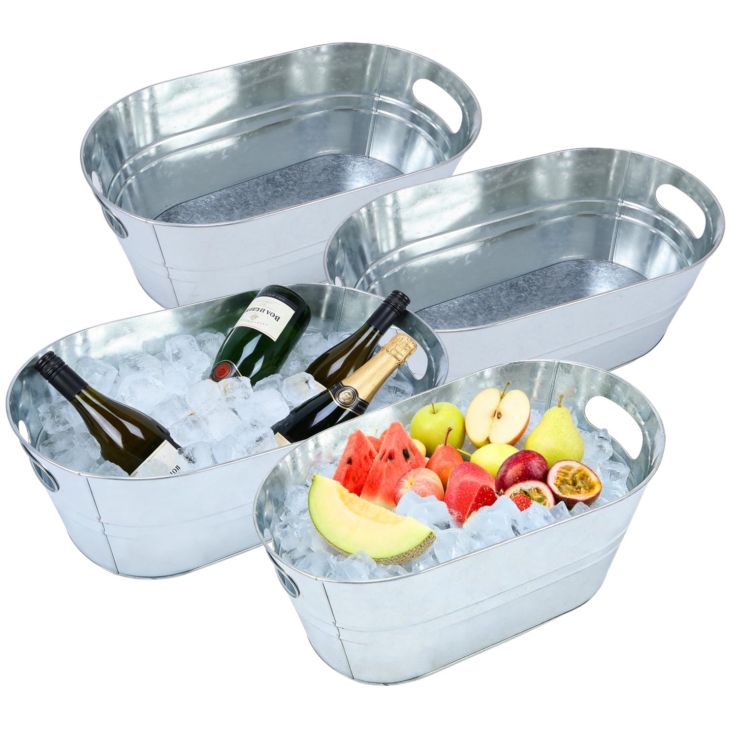 4 Pack 3 Gallon Galvanized Tub, Ice Buckets for Parties, Beverage Tubs for Parties, Metal Drink Buckets for Parties with Carry Handles, Champagne Wine Beer Cooling Tub, Mimosa Bar Supplies