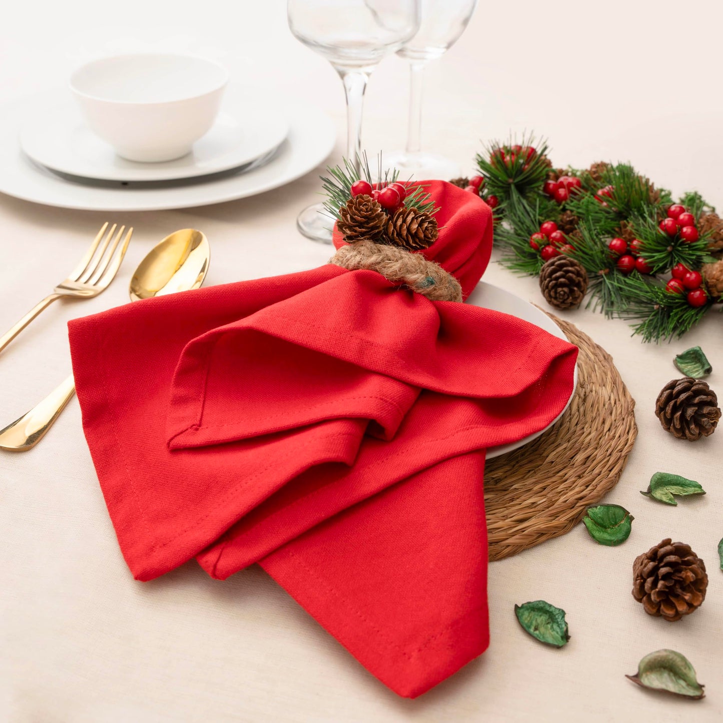 Blue Needles Solid Cloth Napkins Set of 6 Red 100% Cotton Dinner Napkins 18x18 inches - Soft, Reusable, Absorbent & Washable Linen, Ideal for Valentine's Day Events, Parties & Everyday Use