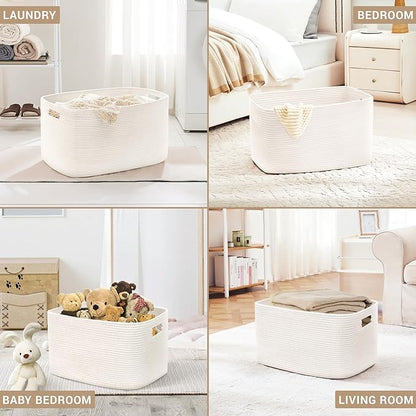 45L Small Baby Girls Laundry Basket for Nursery Storage,Cute Woven cotton Rope Baskets for Kids Toy，Gifts,Boho Square Wicker Blanket hamper for Living Room,Bedroom Dirty Clothes, White