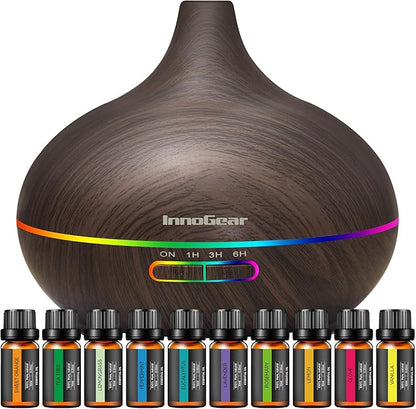 InnoGear Aromatherapy Diffuser & 10 Essential Oils Set, 400ml Diffuser Ultrasonic Diffusers for Home Cool Mist Humidifier with 4 Timers 7 Colors Light Waterless Auto Off, Dark Wood Grain