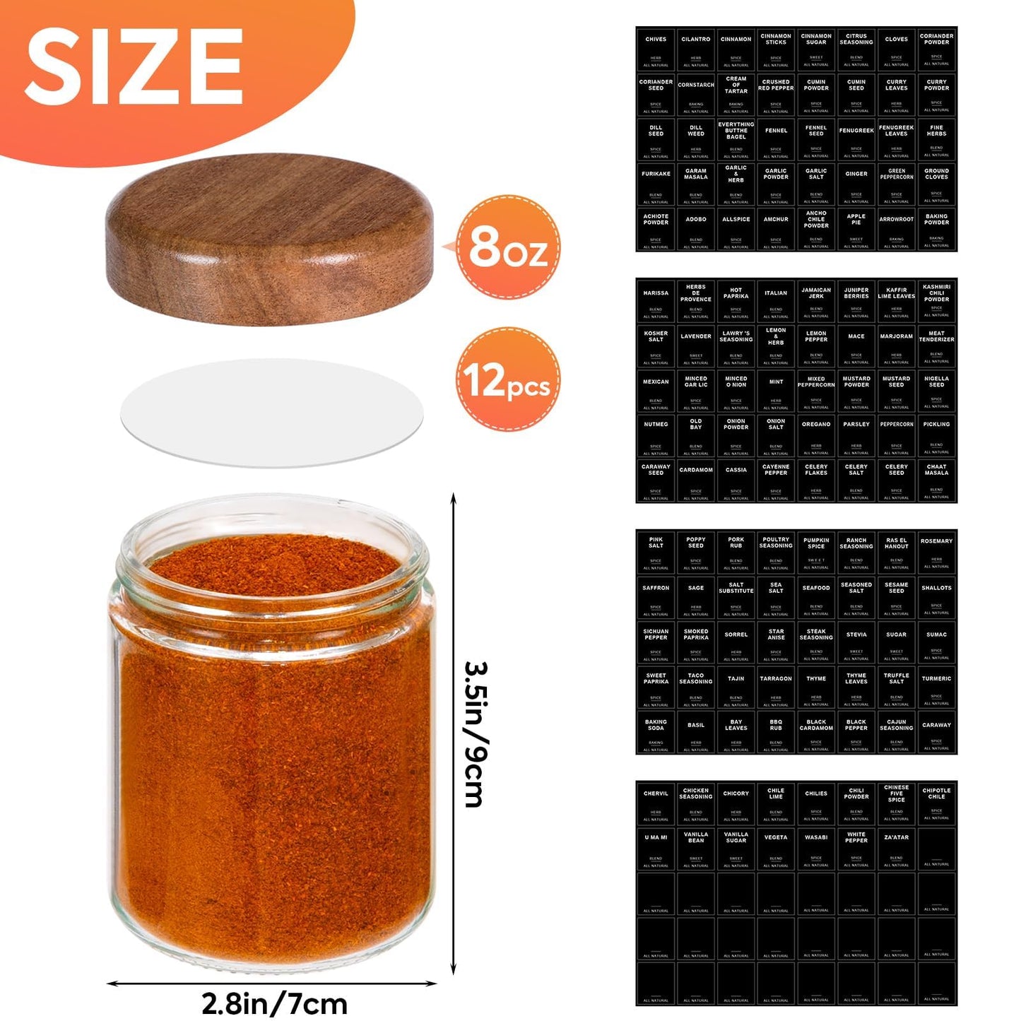 Yangbaga Glass Spice Jars with Labels: 12pc 8oz Round Seasoning Storage Containers with lid,Pepper Grinder,Funnel; Empty Spice Organizer Bottles for Kitchen Rack Drawer Cabinet