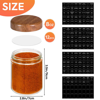 Yangbaga Glass Spice Jars with Labels: 12pc 8oz Round Seasoning Storage Containers with lid,Pepper Grinder,Funnel; Empty Spice Organizer Bottles for Kitchen Rack Drawer Cabinet