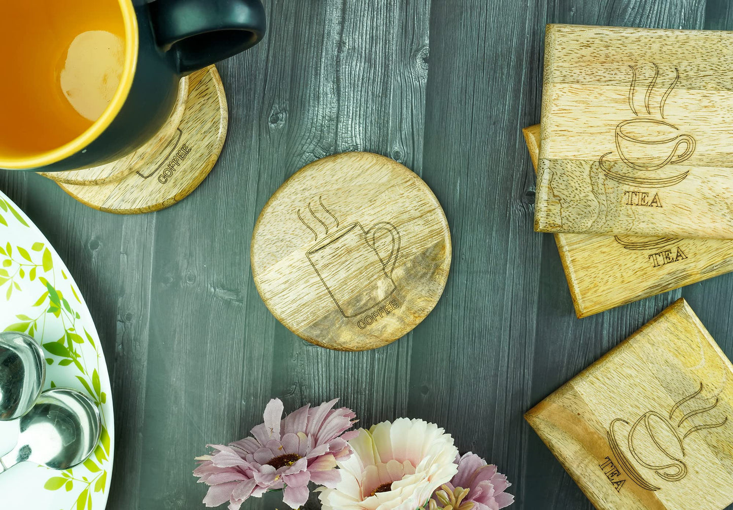 Wooden Coaster for Coffee Cups Glass & Can Table Decor | Wooden Coaster Set of 6 | 3 Round Coffee & 3 Square Tea Style Coaster Set | Handmade Design for Mug & Cup